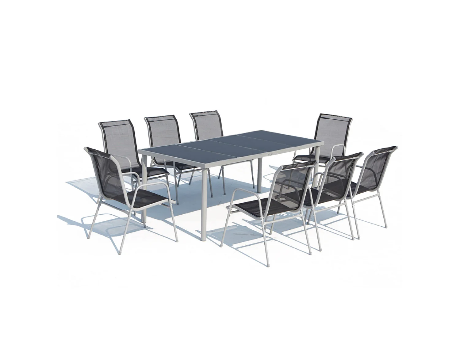 Table de jardin et 8 chaises en acier et toile PVC gris LUSIANA