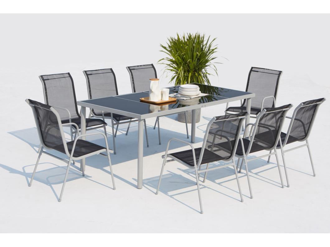 Conjunto de jardín de acero inoxidable gris y textileno 8 personas LUSIANA