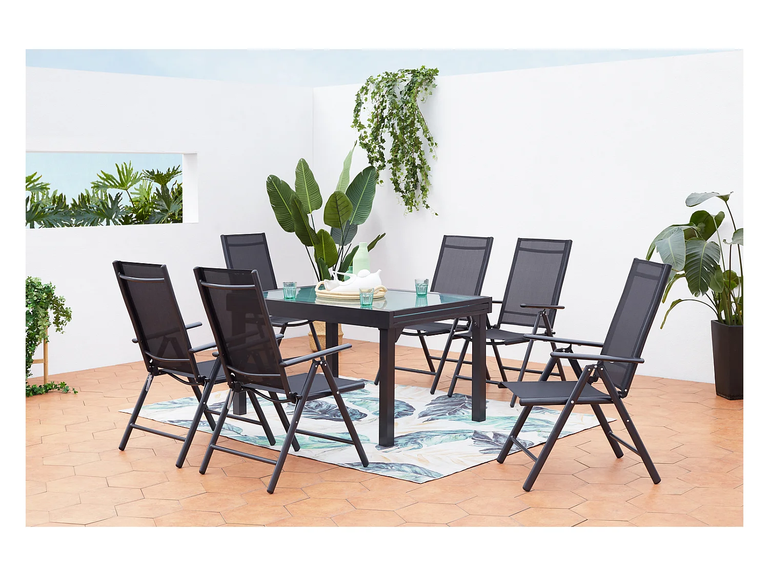 Table de jardin extensible et 6 fauteuils en alu et toile PVC BRESCIA