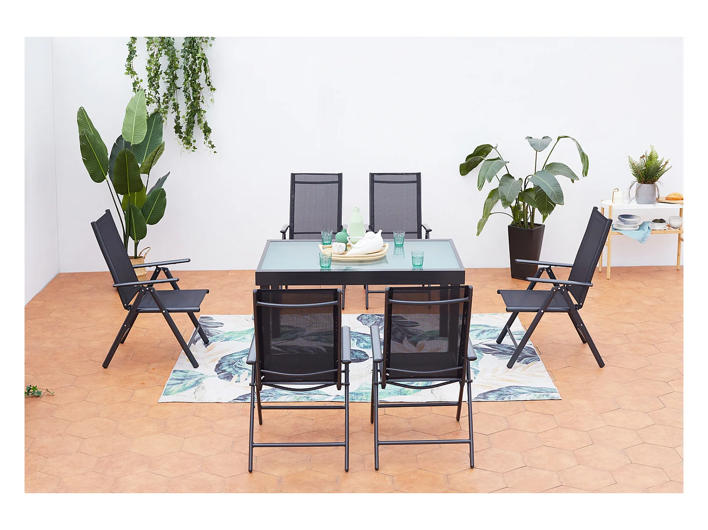 Table de jardin extensible et 6 fauteuils en alu et toile PVC BRESCIA