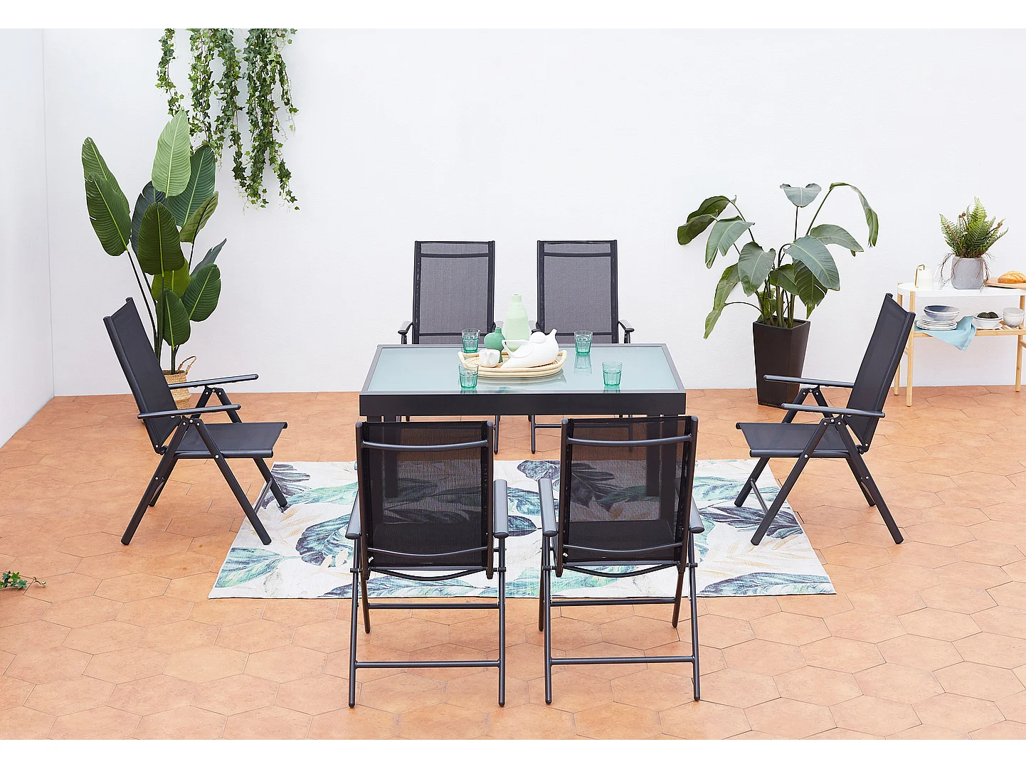 Table de jardin extensible et 6 fauteuils en alu et toile PVC BRESCIA