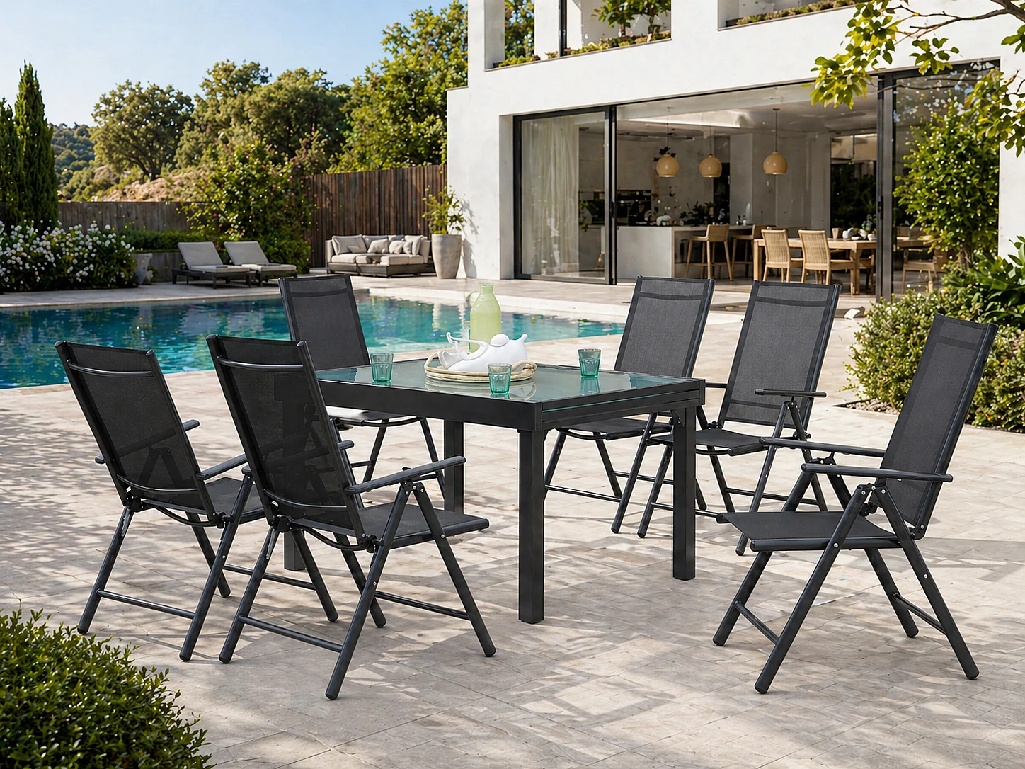 Table de jardin extensible et 6 fauteuils en alu et toile PVC BRESCIA