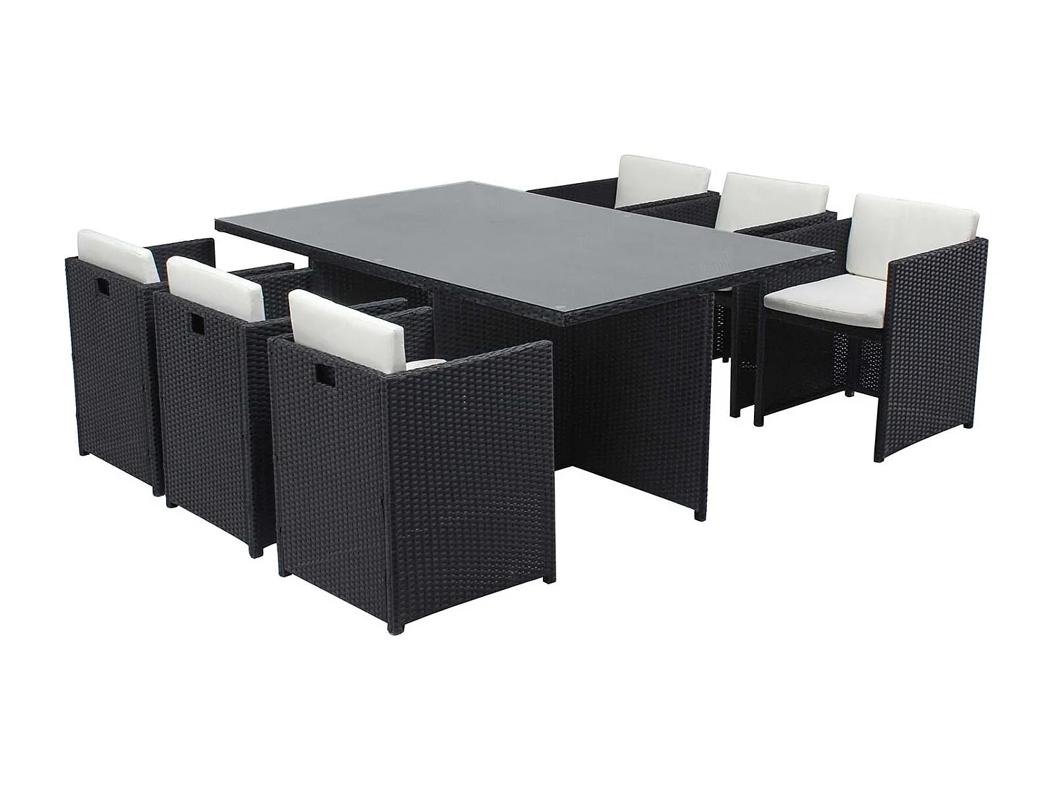 Loungeset 6 Plaatsen van Zwart/Wit Kunststof Rotan MIAMI - Verwijderbare Glazen Tafel - Fauteuils met Waterdichte Kussens