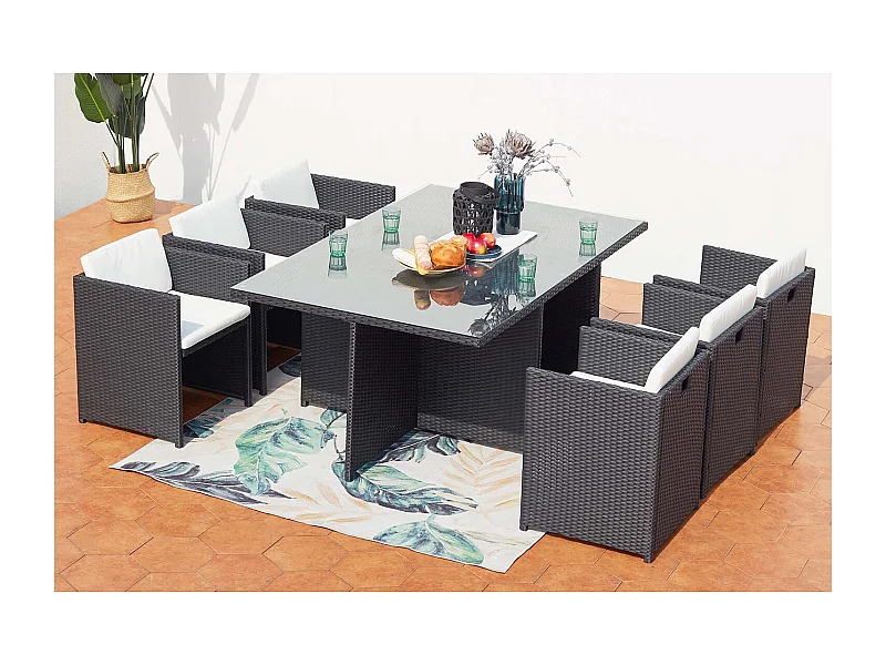 Loungeset 6 Plaatsen van Zwart/Wit Kunststof Rotan MIAMI - Verwijderbare Glazen Tafel - Fauteuils met Waterdichte Kussens