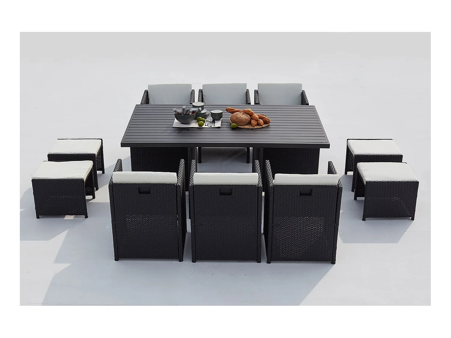 Gartenmöbel-Set für 10 Personen, Rattan und Aluminium in Schwarz/Weiß SUNSET