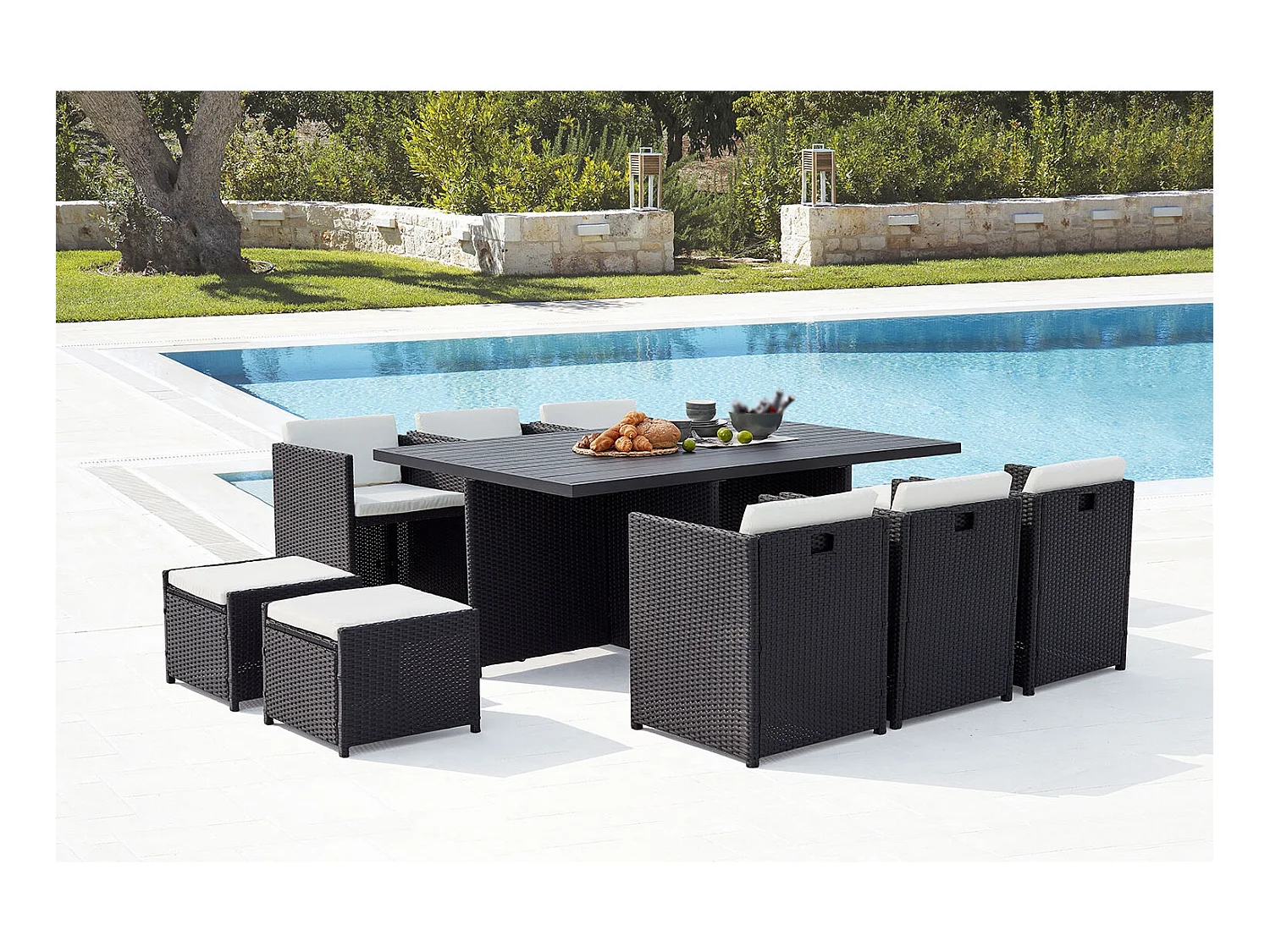 Gartenmöbel-Set für 10 Personen, Rattan und Aluminium in Schwarz/Weiß SUNSET