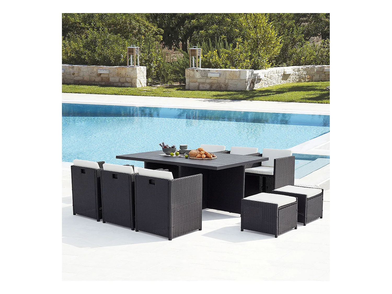 Table et chaise 10 places encastrables alu résine noir-blanc SUNSET