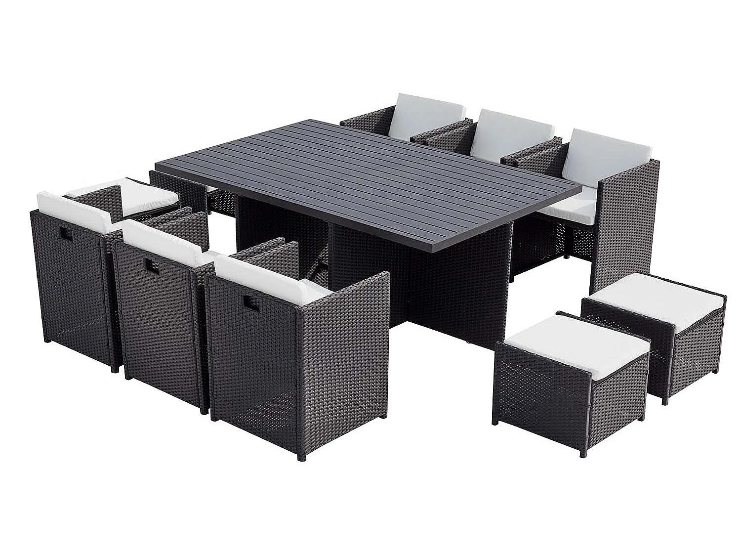 Table et chaise 10 places encastrables alu résine noir-blanc SUNSET