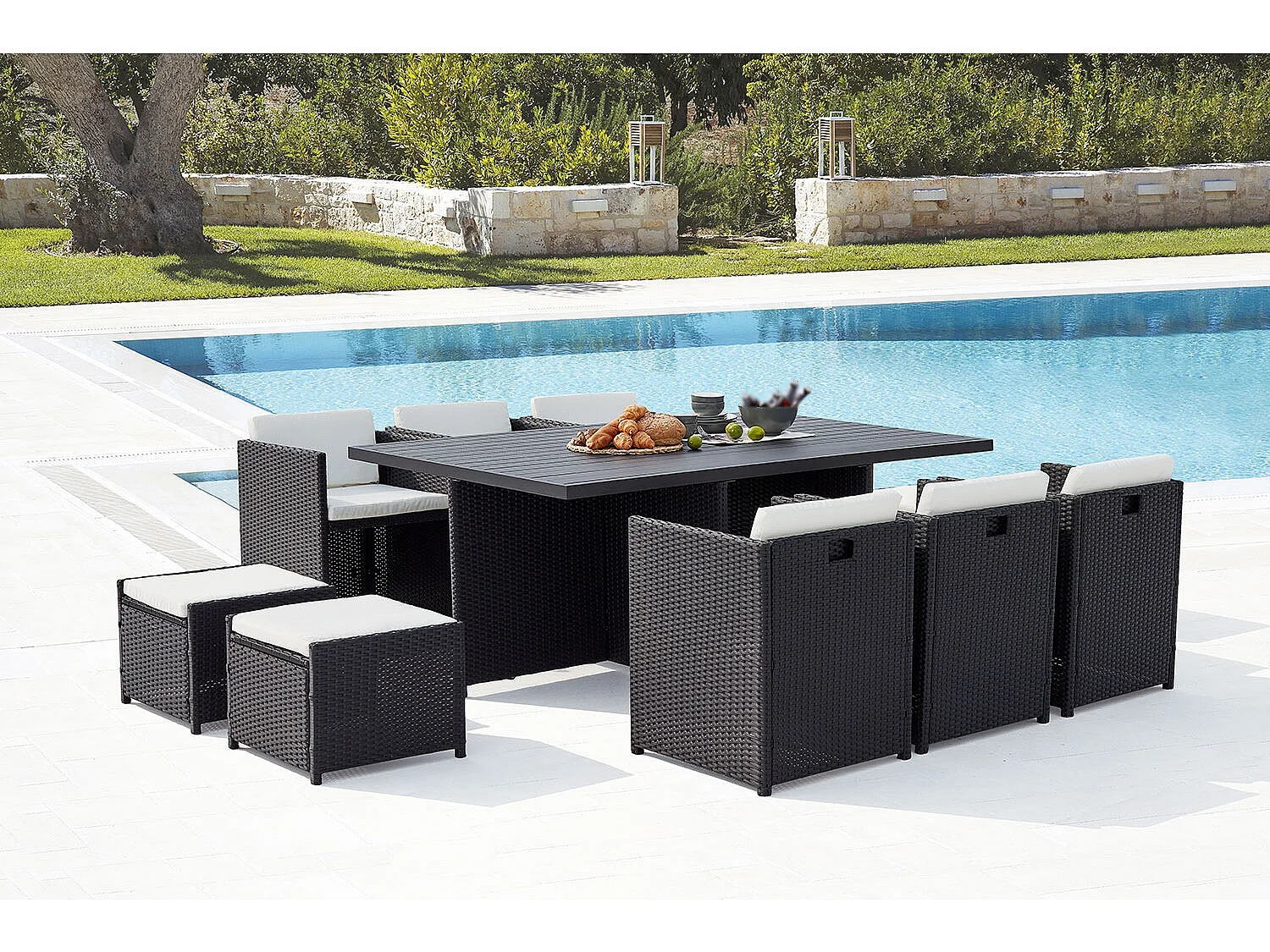 Table et chaise 10 places encastrables alu résine noir-blanc SUNSET