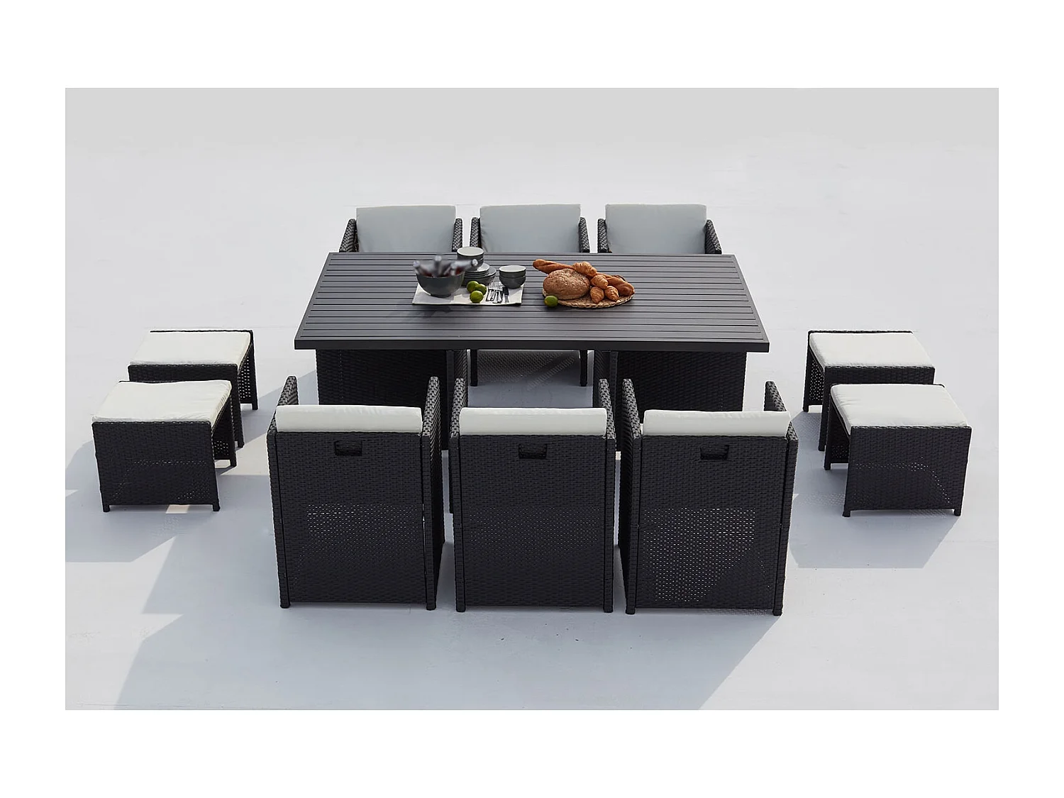 Conjunto de jardim encastrável para 10 pessoas em vime sintético e alumínio preto/branco SUNSET