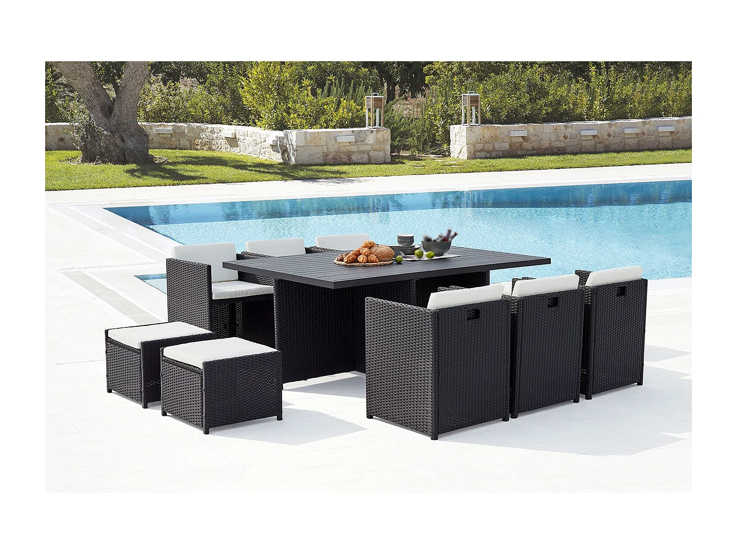 Conjunto de jardim encastrável para 10 pessoas em vime sintético e alumínio preto/branco SUNSET