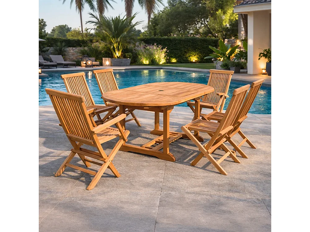 Table de jardin ovale et 4 chaises et 2 fauteuils en teck KAJANG
