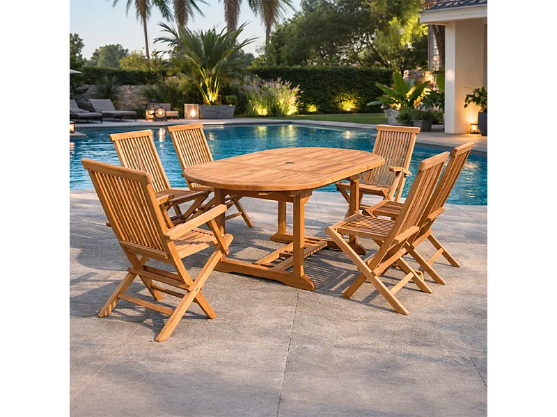 Table de jardin ovale et 4 chaises et 2 fauteuils en teck KAJANG