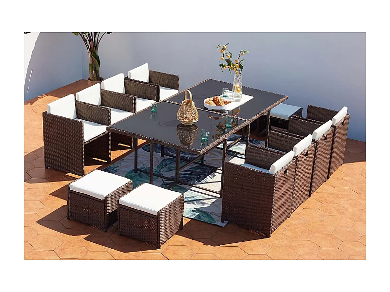 Table et chaises 12 places encastrables résine marron-blanc MIAMI