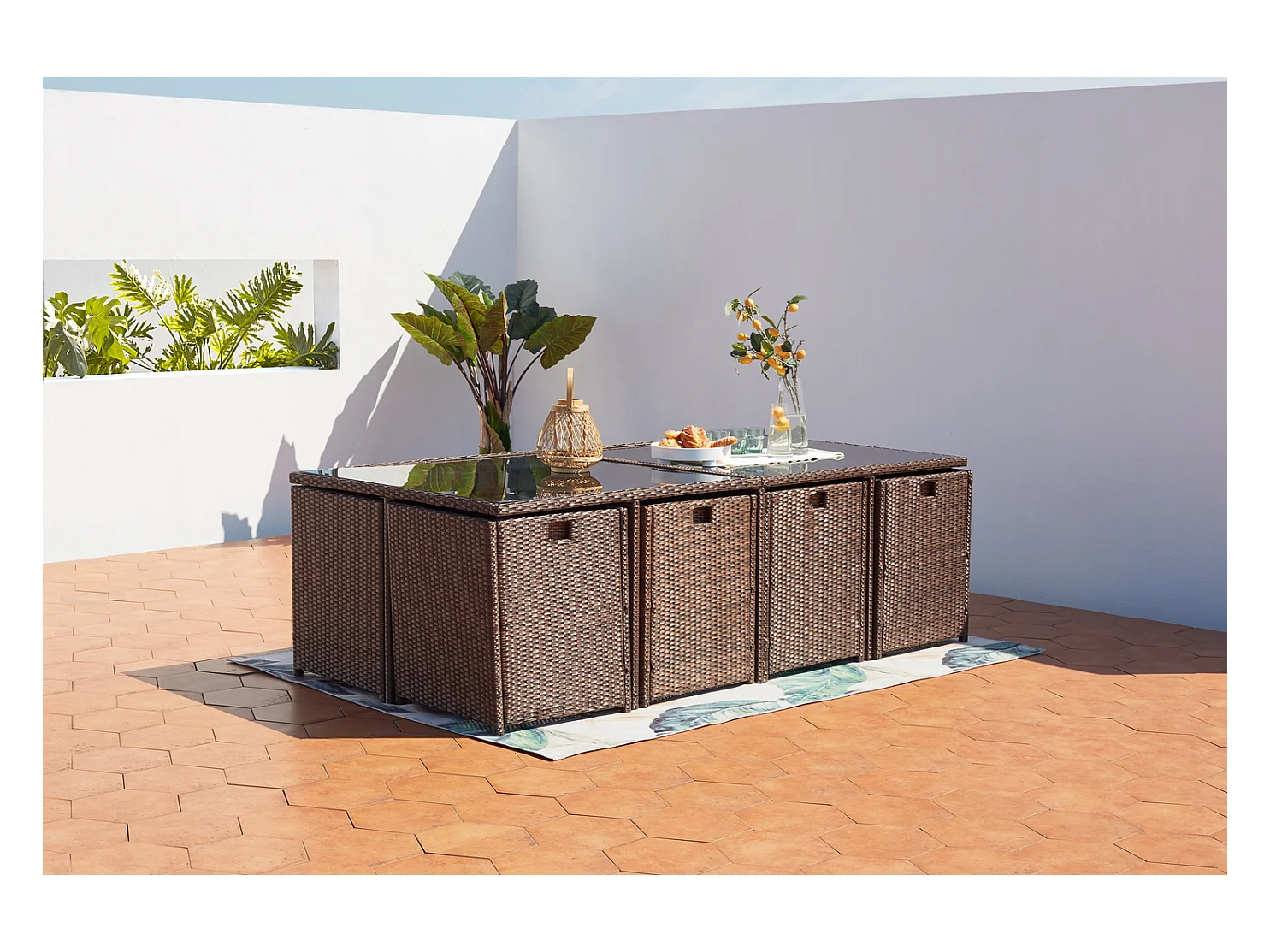 Salotto da giardino a incasso 12 posti resina intrecciata castagna/bianco MIAMI