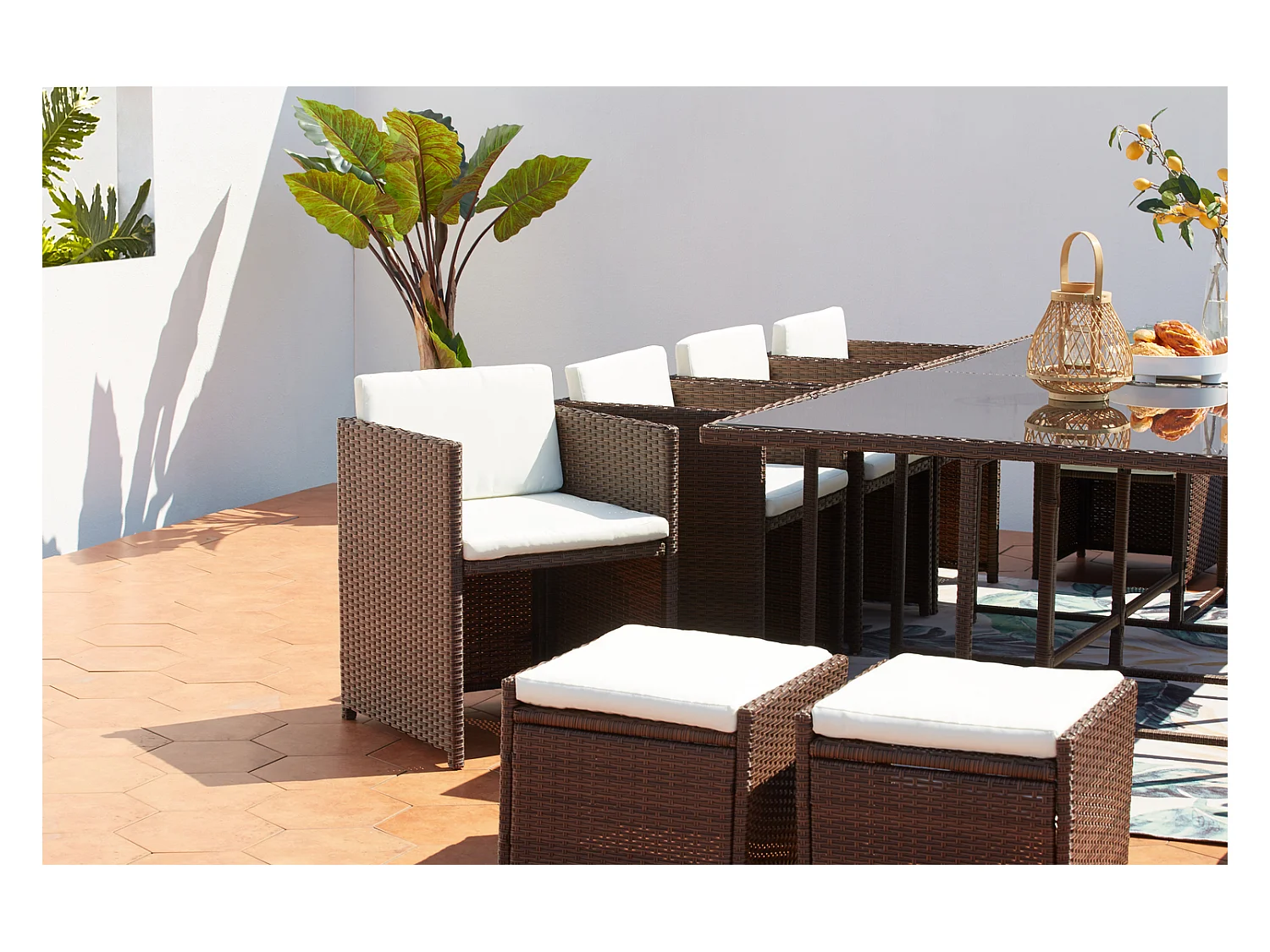 Salotto da giardino a incasso 12 posti resina intrecciata castagna/bianco MIAMI