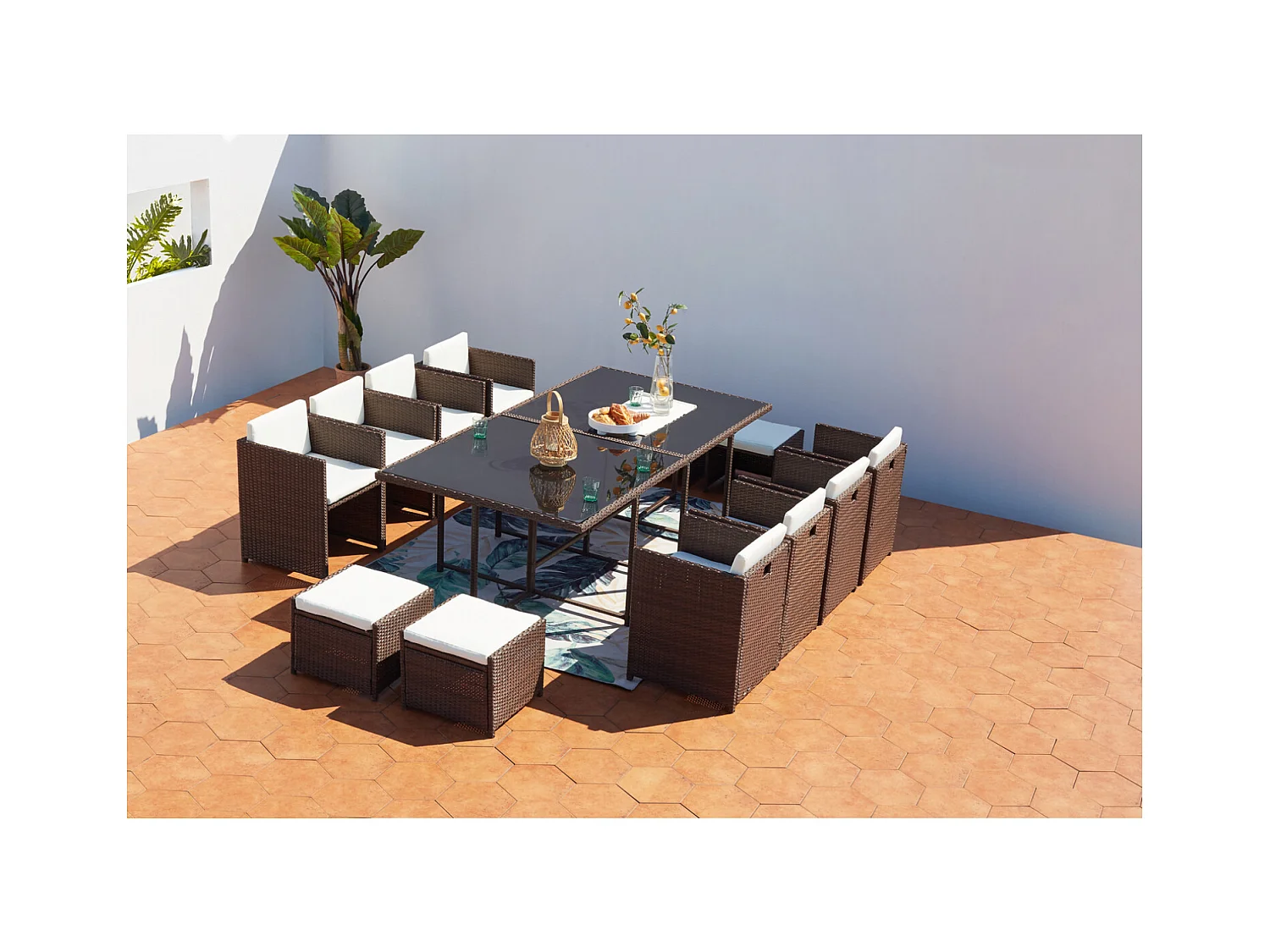 Salotto da giardino a incasso 12 posti resina intrecciata castagna/bianco MIAMI