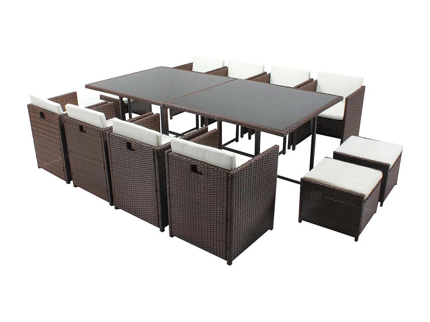 Table et chaises 12 places encastrables résine marron-blanc MIAMI