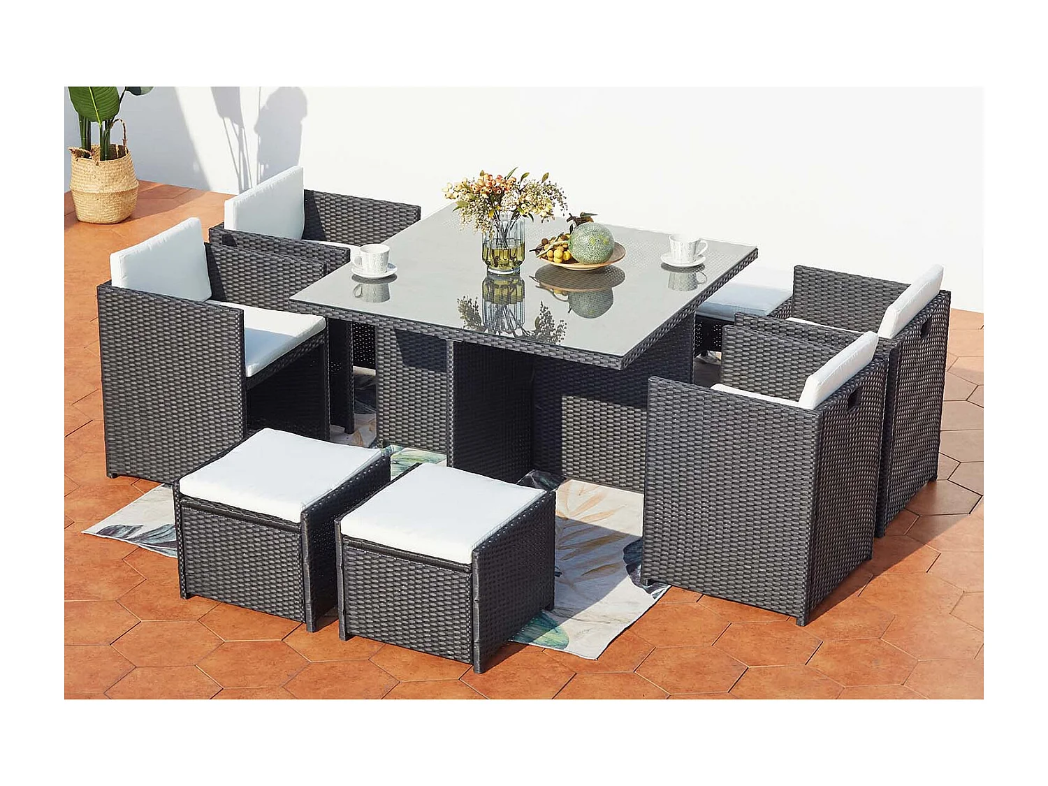 Conjunto de Jardim 8 Lugares em Rattan Sintético Preto/Branco - Mesa Retangular em Vidro - Cadeiras com Almofadas Impermeáveis