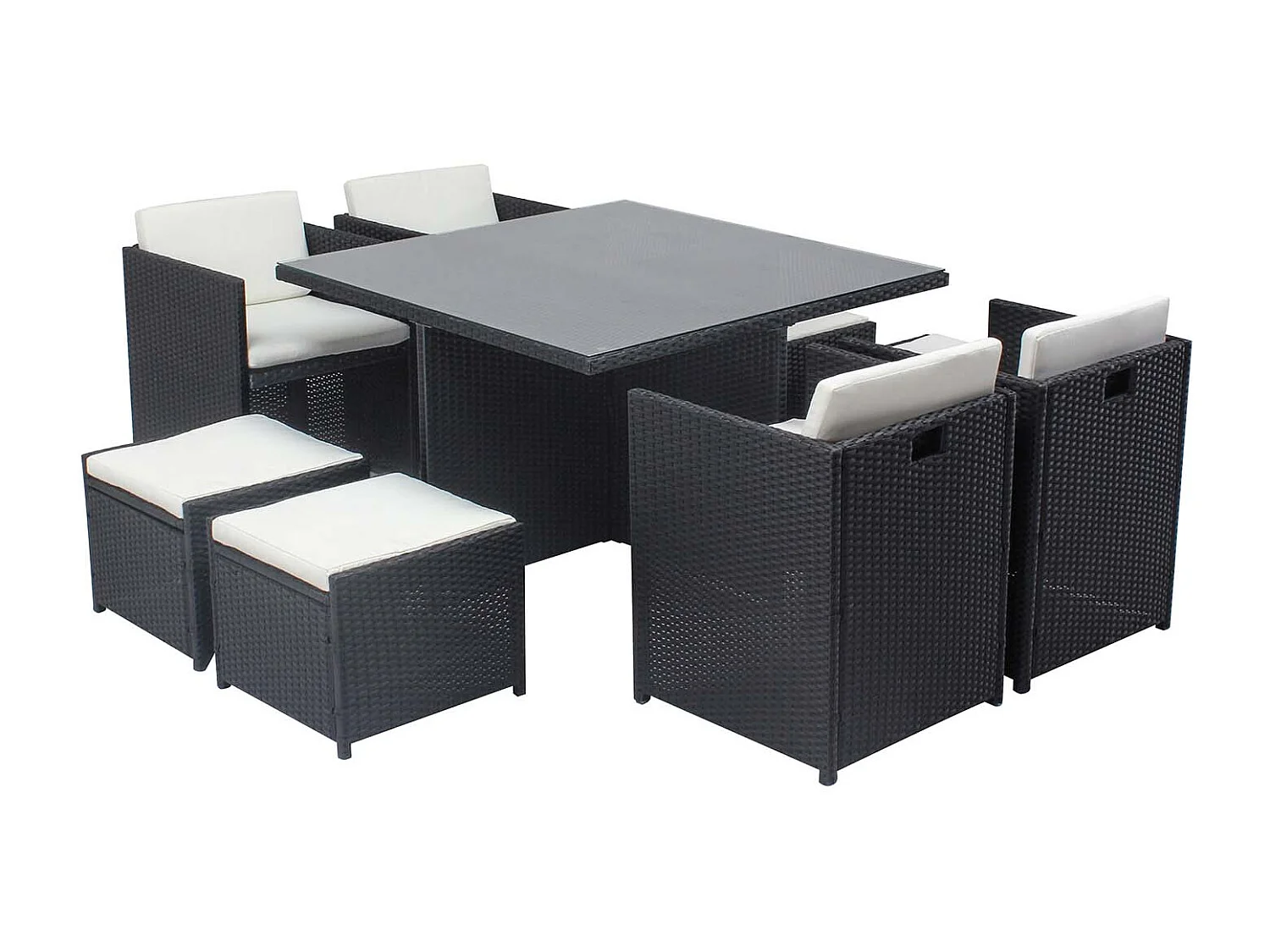 Conjunto de Jardim 8 Lugares em Rattan Sintético Preto/Branco - Mesa Retangular em Vidro - Cadeiras com Almofadas Impermeáveis