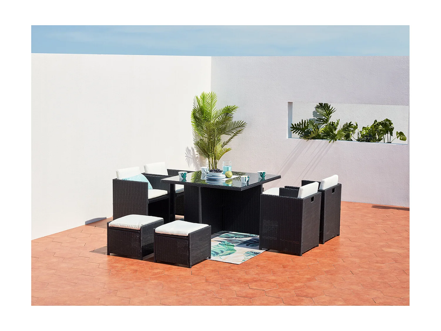 Conjunto de Jardim 8 Lugares em Rattan Sintético Preto/Branco - Mesa Retangular em Vidro - Cadeiras com Almofadas Impermeáveis