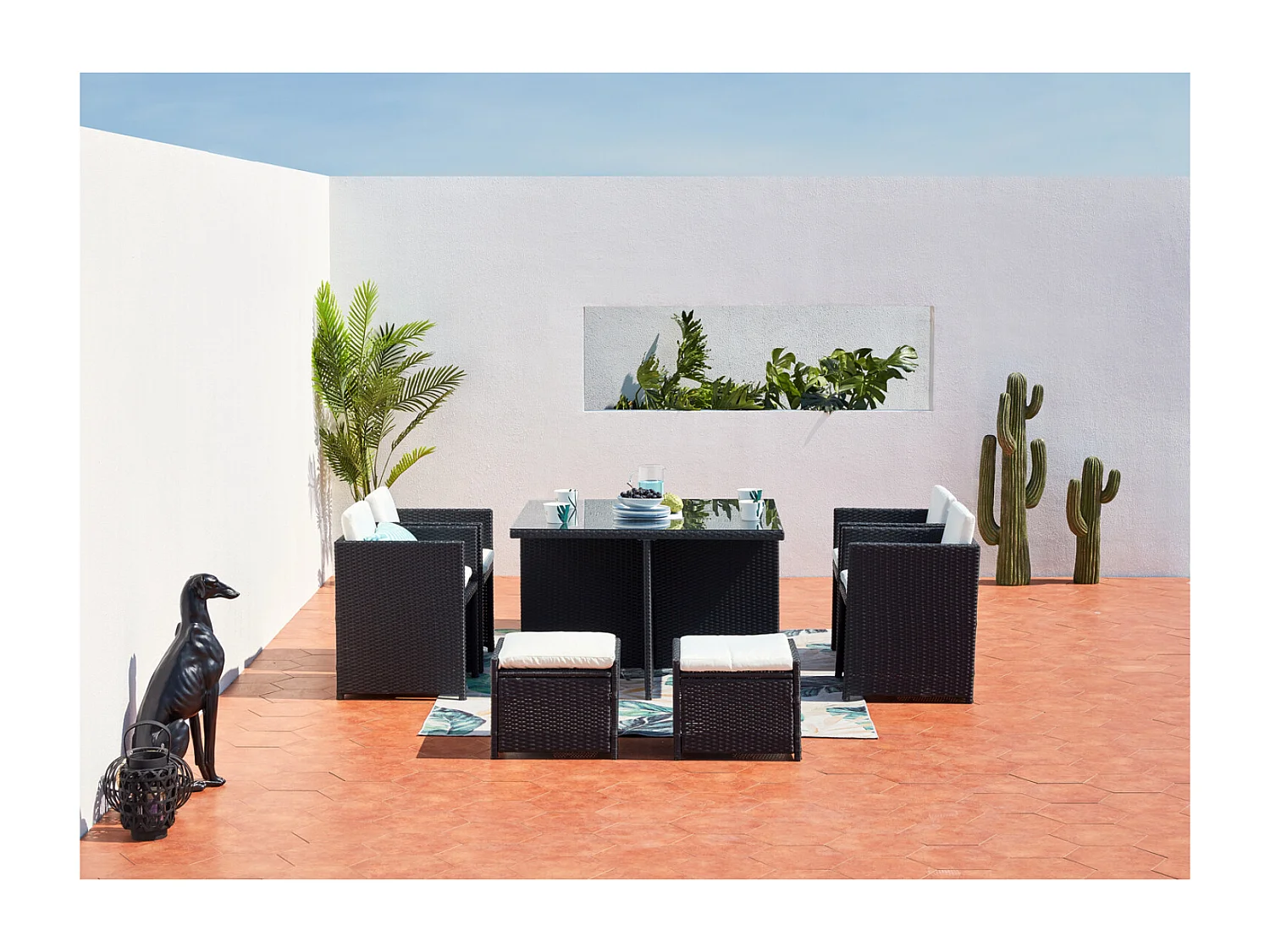 Conjunto de Jardim 8 Lugares em Rattan Sintético Preto/Branco - Mesa Retangular em Vidro - Cadeiras com Almofadas Impermeáveis