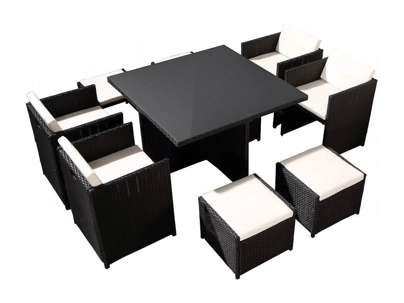 Conjunto de Jardim 8 Lugares em Rattan Sintético Preto/Branco - Mesa Retangular em Vidro - Cadeiras com Almofadas Impermeáveis