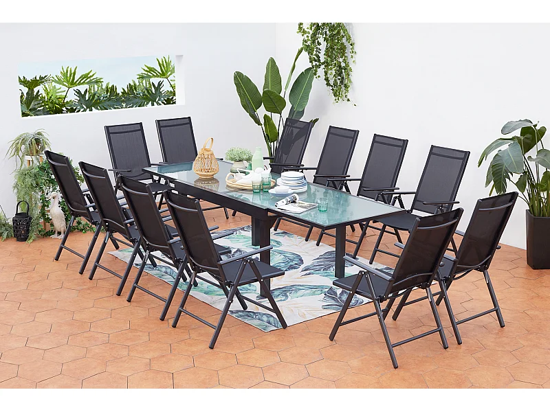 Table de jardin extensible 12 fauteuils en alu et toile PVC BRESCIA