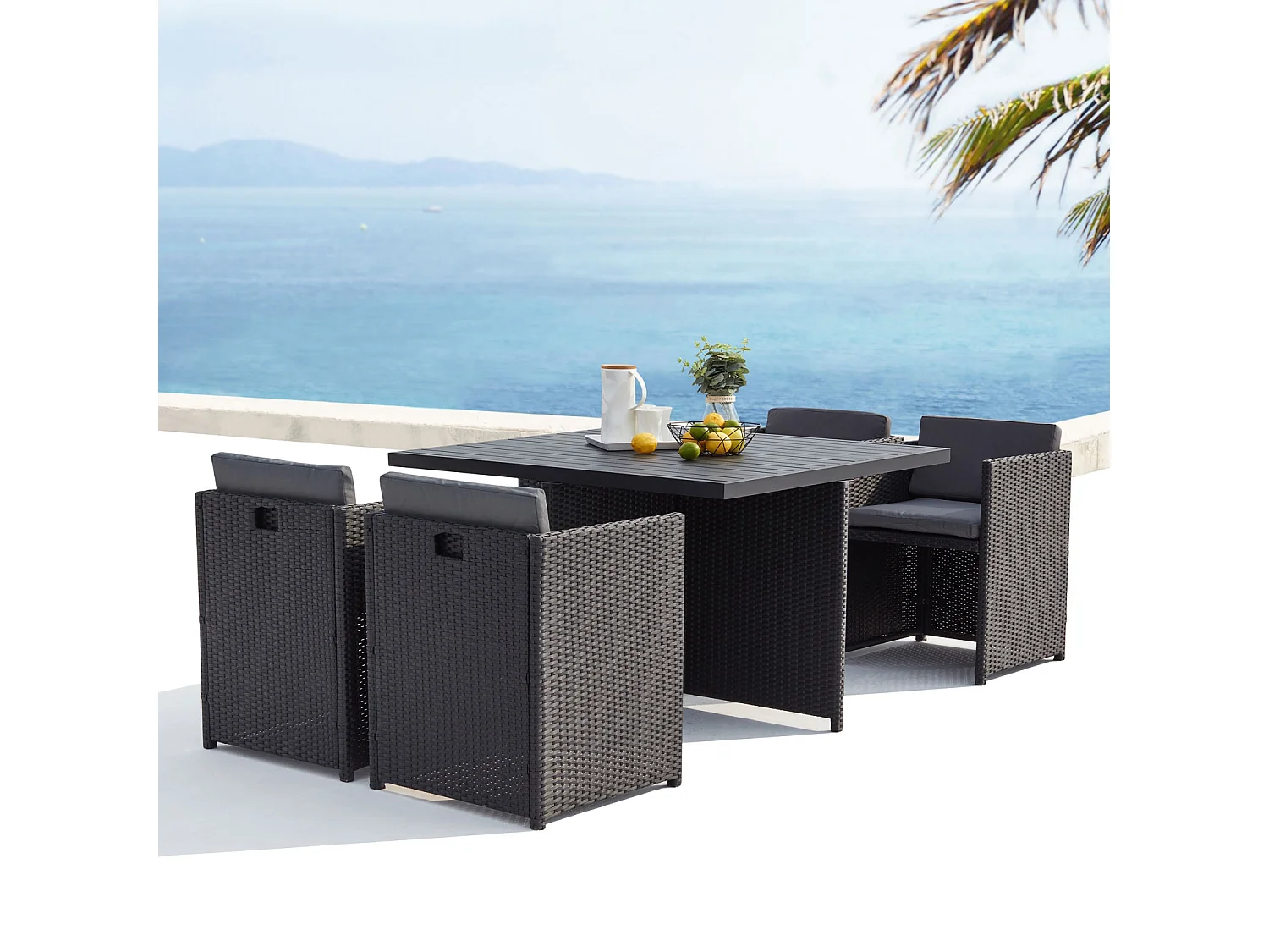 Table et chaises 4 places encastrables alu et résin noir-gris SUNSET