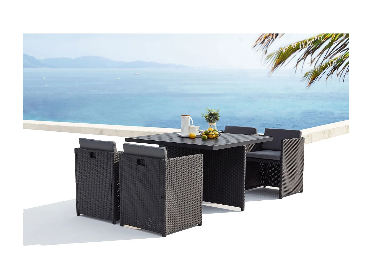 Table et chaises 4 places encastrables alu et résin noir-gris SUNSET