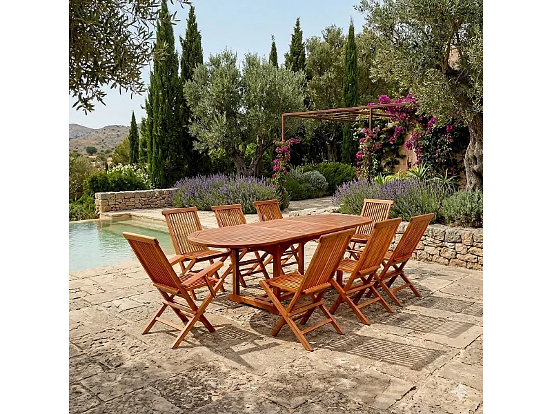Table de jardin ovale 6 chaises et 2 fauteuils en teck huilé LUBOK