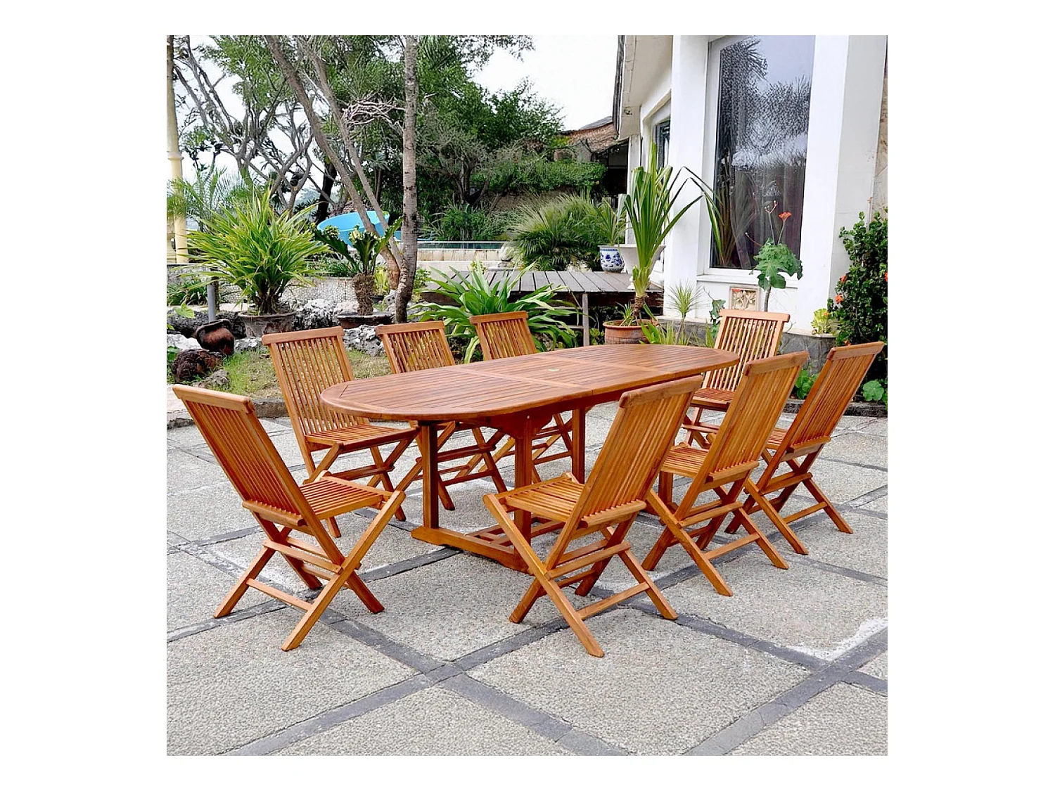 Conjunto de jardim ovalado de 8 lugares em teca oleada LUBOK - Resistente às intempéries, estilo étnico, montagem fácil