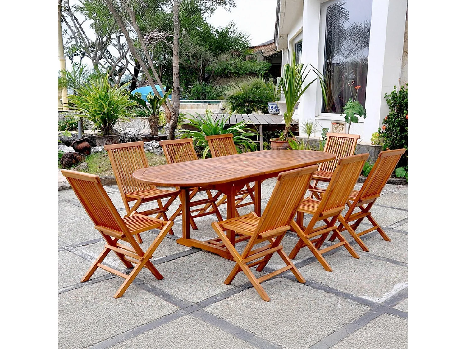 Salon de jardin Teck huilé 8 personnes - Table ovale + 8 chaises LUBOK
