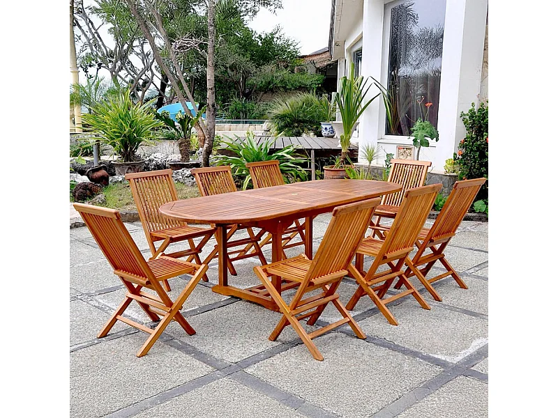 Salon de jardin Teck huilé 8 personnes - Table ovale + 8 chaises LUBOK