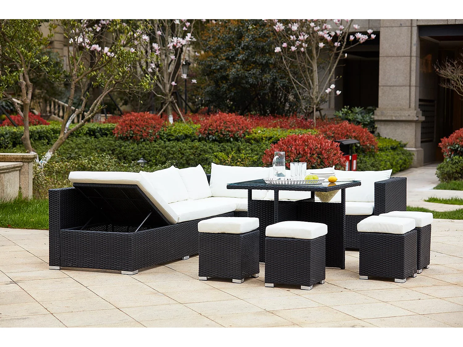 Salon de jardin encastrable 10 places en résine noir-blanc FIDJI