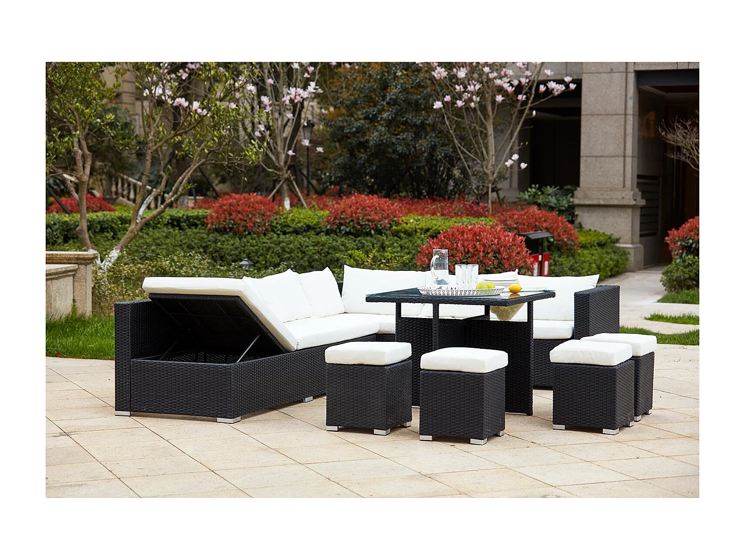 Salon de jardin encastrable 10 places en résine noir-blanc FIDJI