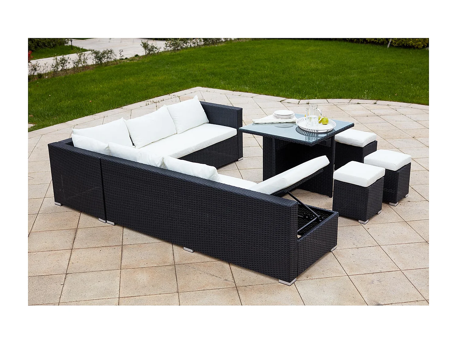 Salon de jardin encastrable 10 places en résine noir-blanc FIDJI