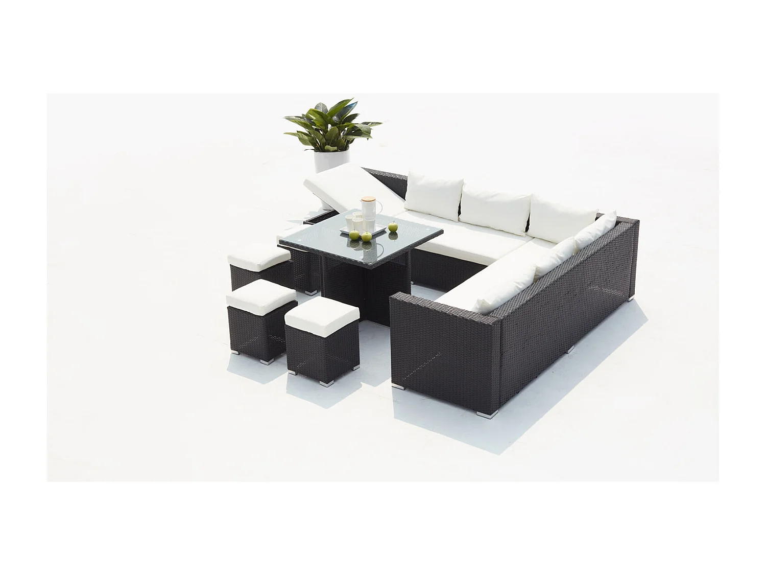 Salon de jardin encastrable 10 places en résine noir-blanc FIDJI