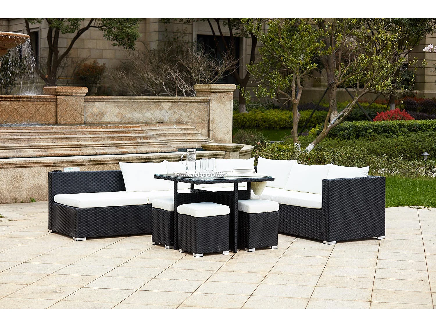 Salón de jardín encastrable 10 plazas de resina trenzada negro/blanco FIDJI