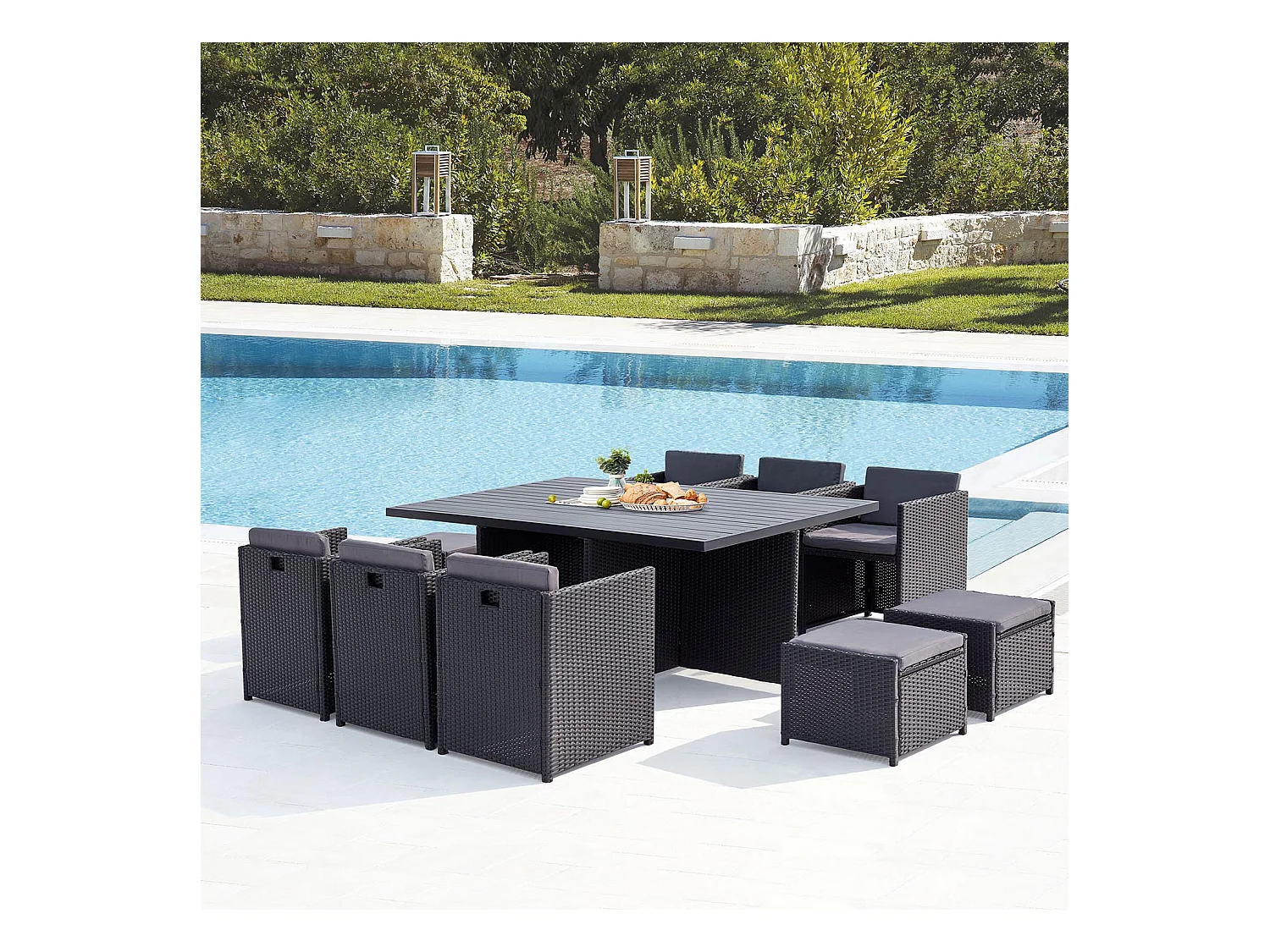 Table et chaise 10 places encastrables alu résine noir-gris SUNSET