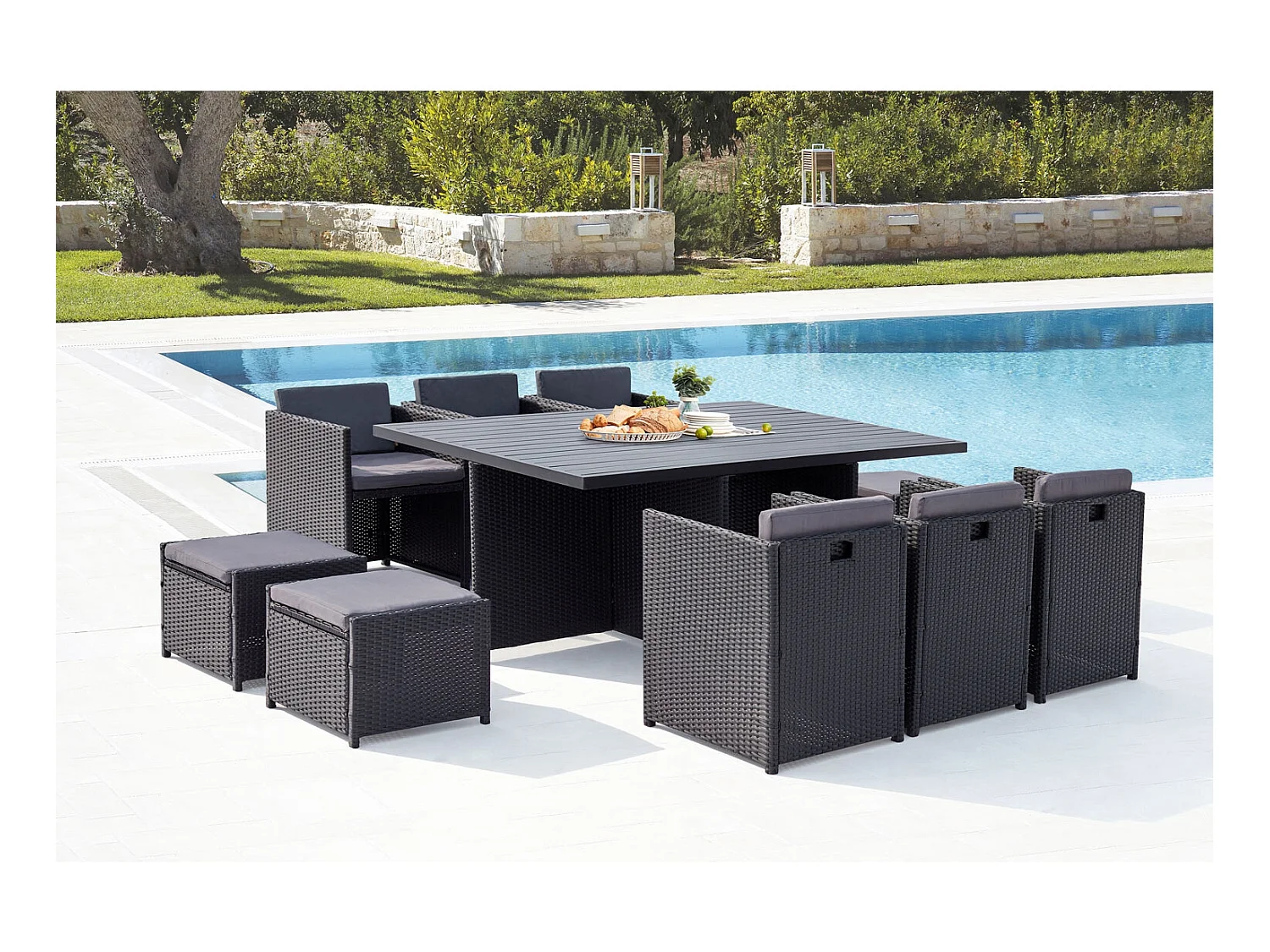 Table et chaise 10 places encastrables alu résine noir-gris SUNSET