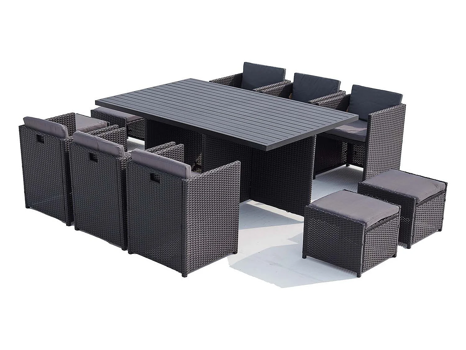 Table et chaise 10 places encastrables alu résine noir-gris SUNSET