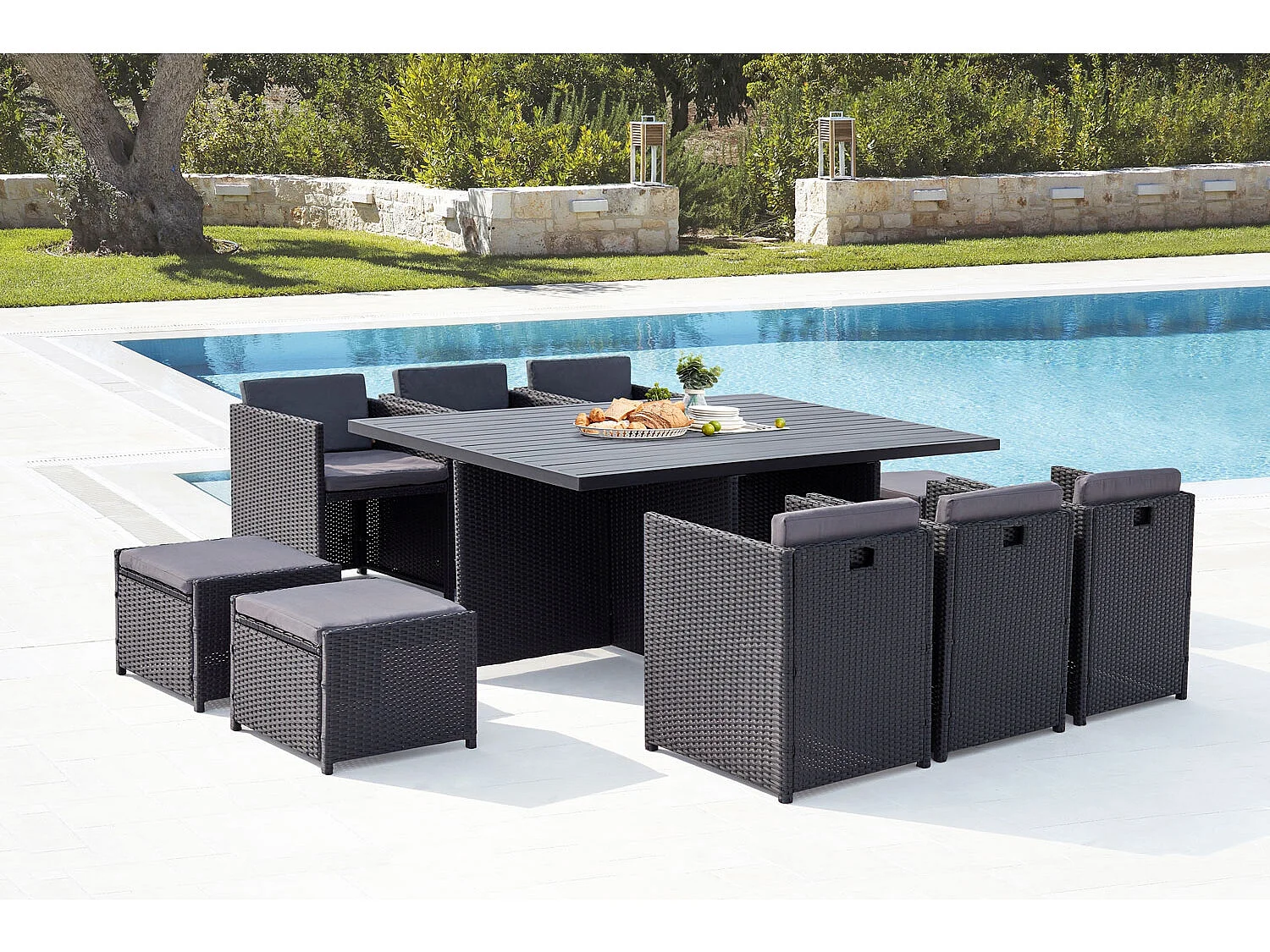 Table et chaise 10 places encastrables alu résine noir-gris SUNSET