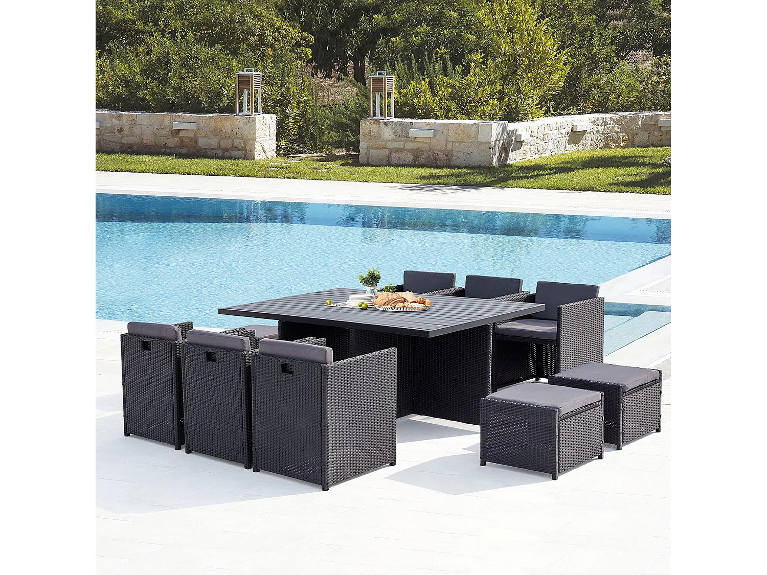 Salotto da giardino a incasso 10 posti resina intrecciata nero/grigio SUNSET