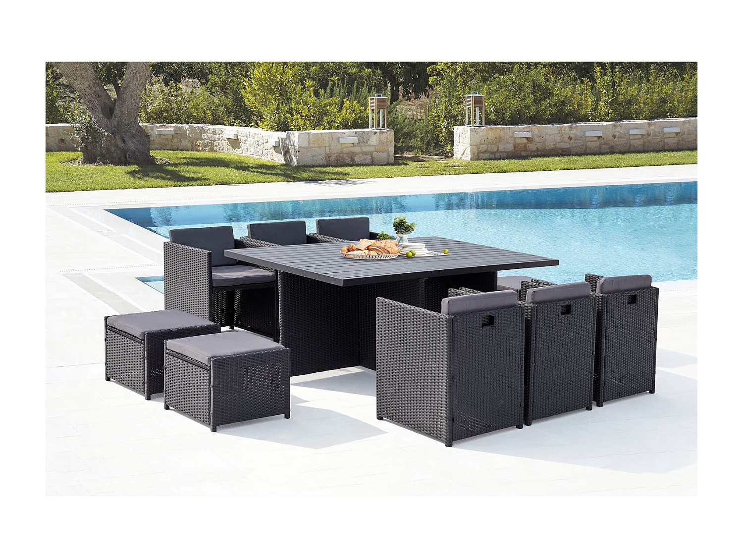 Salotto da giardino a incasso 10 posti resina intrecciata nero/grigio SUNSET