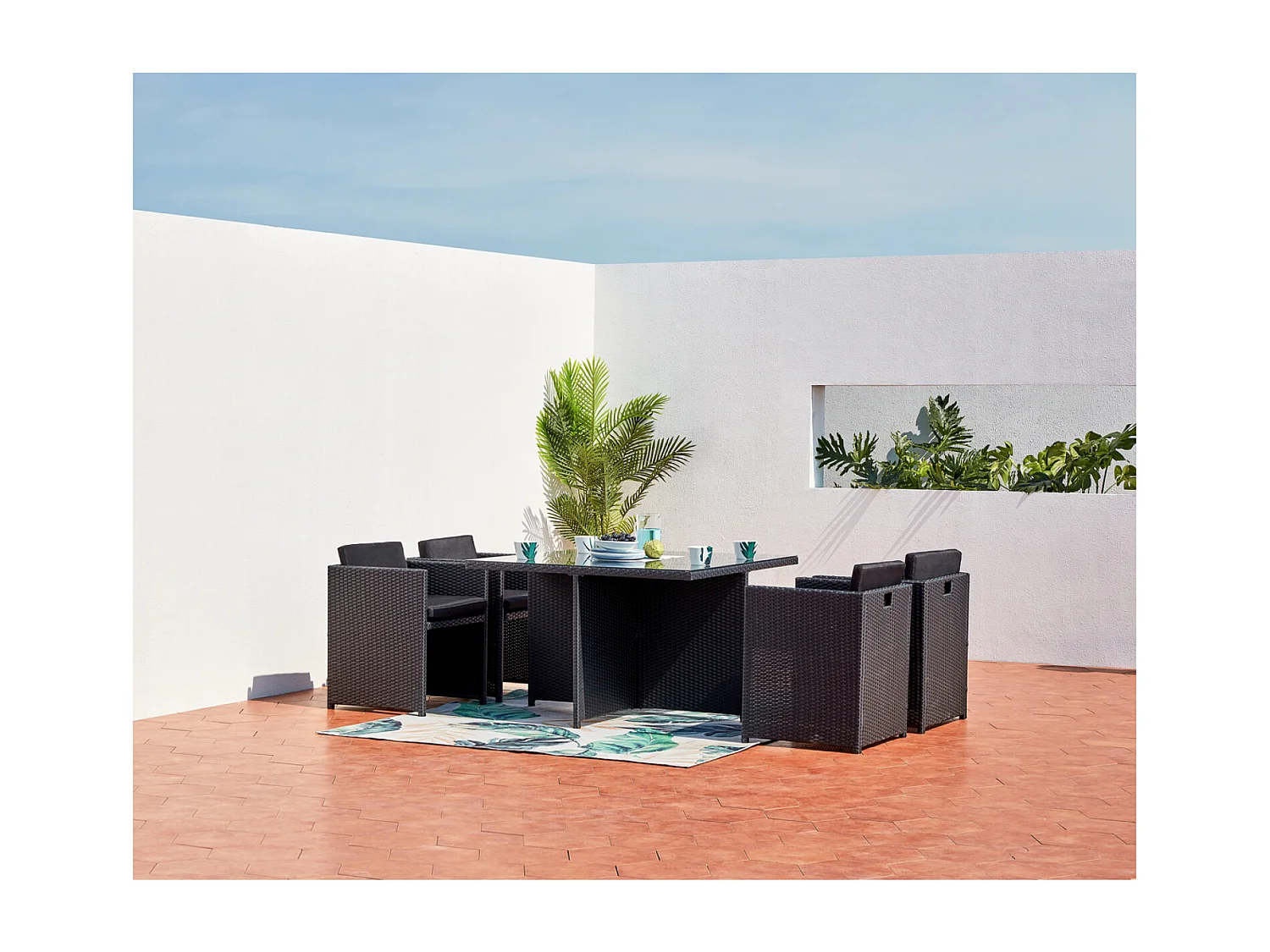 Salotto da giardino a incasso 4 posti resina intrecciata nero/nero MIAMI