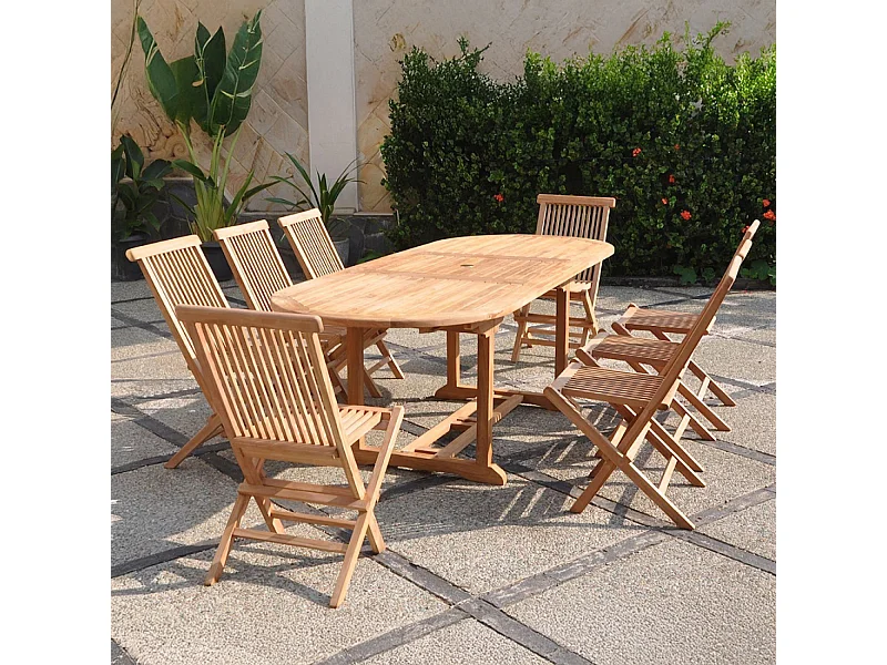 Salon de jardin Teck massif 8 à 10 personnes - Table ovale + 8 chaises KAJANG