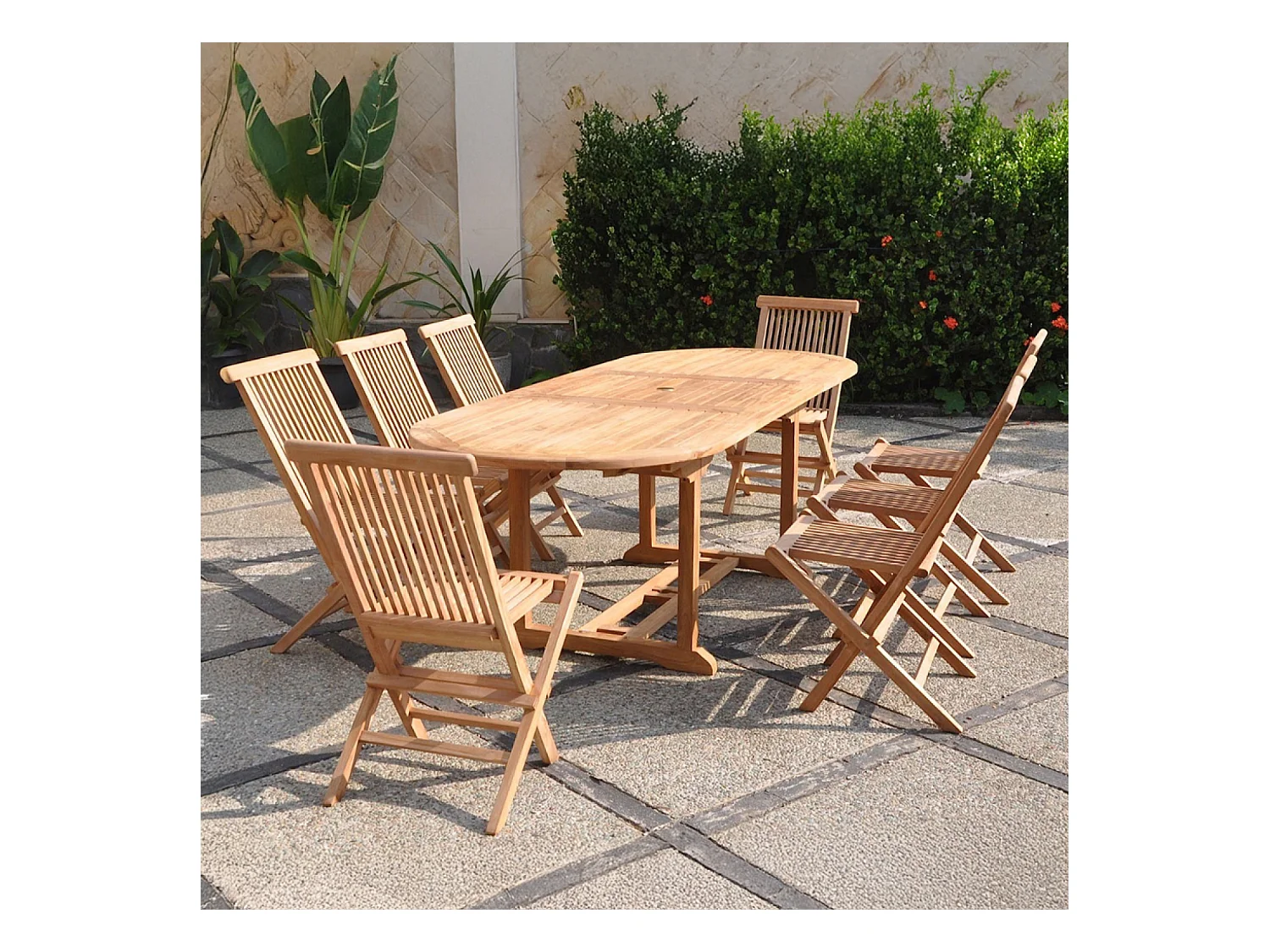 Salon de jardin Teck massif 8 à 10 personnes - Table ovale + 8 chaises KAJANG