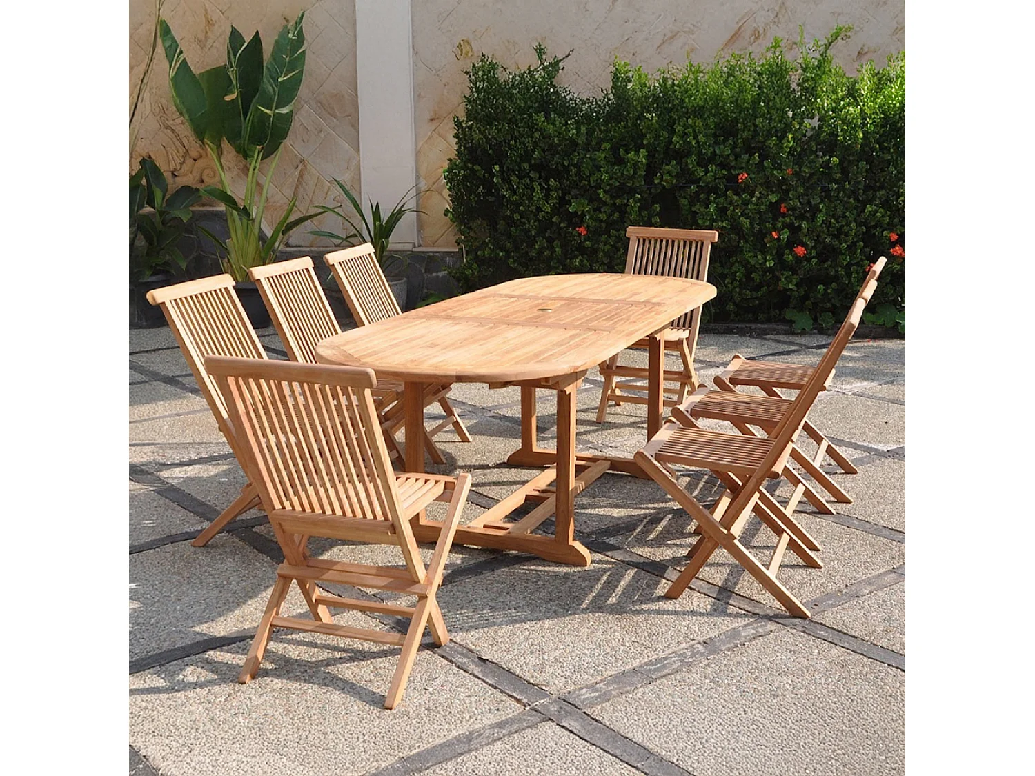 Salon de jardin Teck massif 8 à 10 personnes - Table ovale + 8 chaises KAJANG