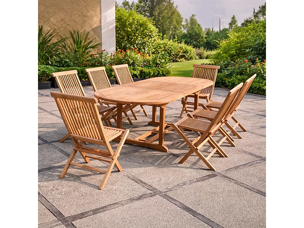 Tavolo da giardino ovale e 8 - 10 sedie in teak KAJANG